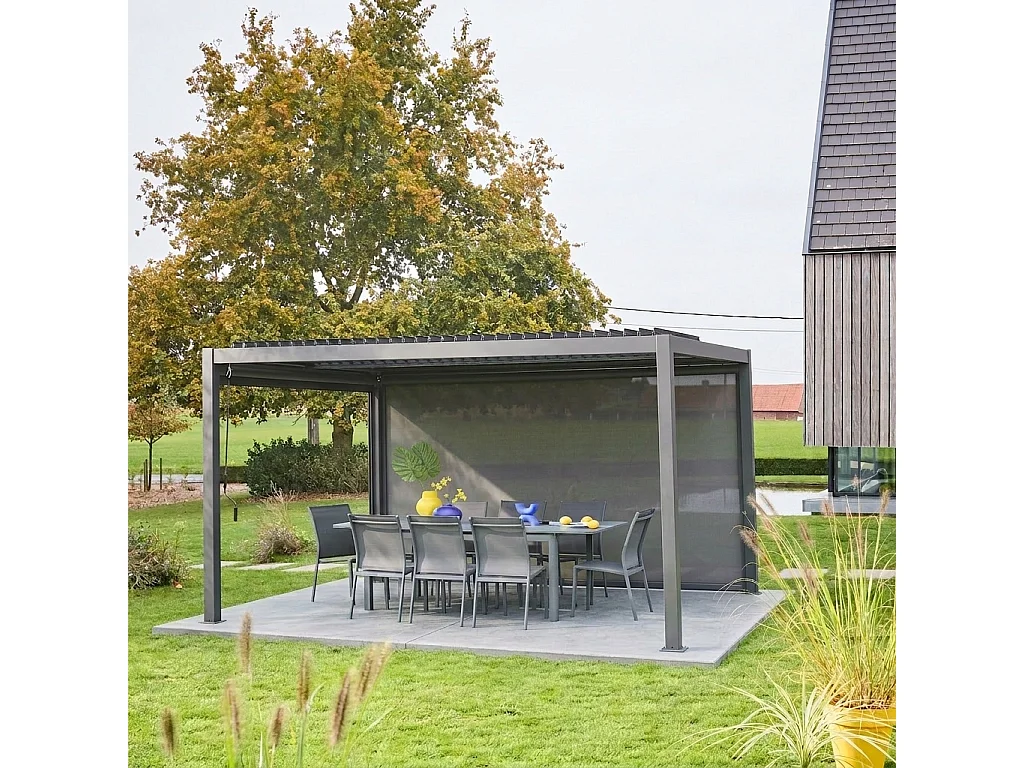 Pergola bioclimatica 3x4m in alluminio e acciaio + tenda 4m, antracite