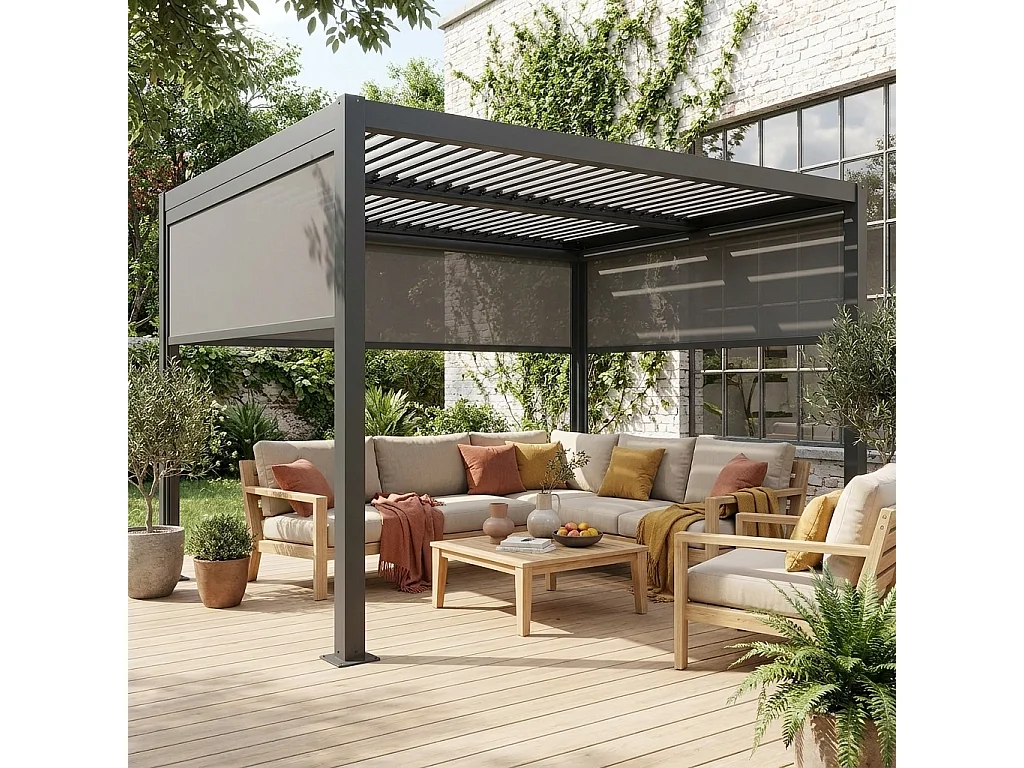 Pergola bioclimatica 3x4m in alluminio e acciaio +  2 tende 3m + 1