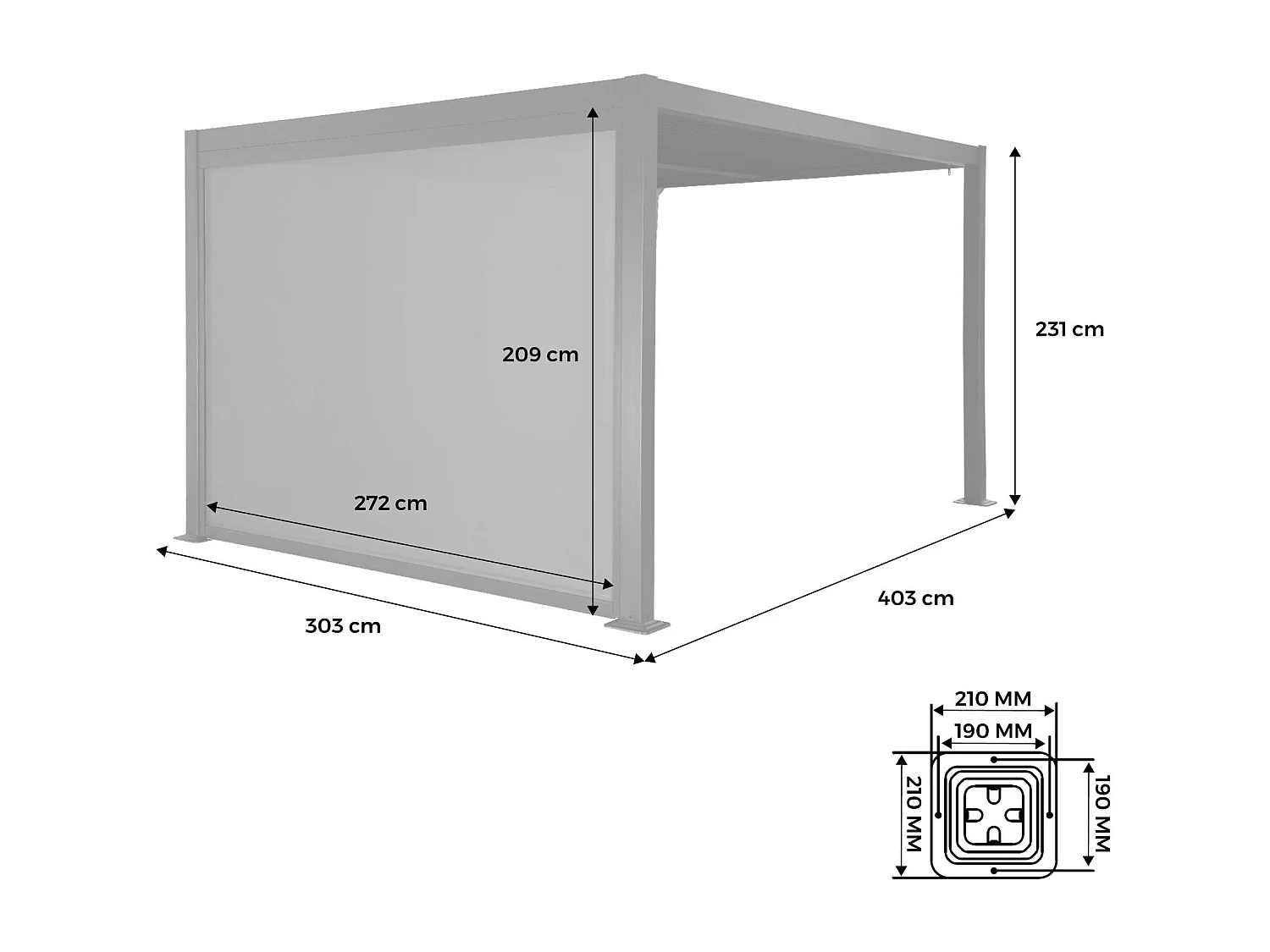 Pérgola bioclimática de aluminio y acero 3x4m + toldo de 3m antracita