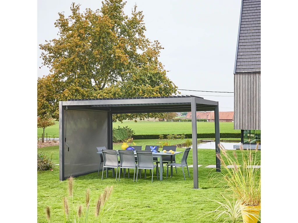 Pérgola bioclimática de aluminio y acero 3x4m + toldo de 3m antracita