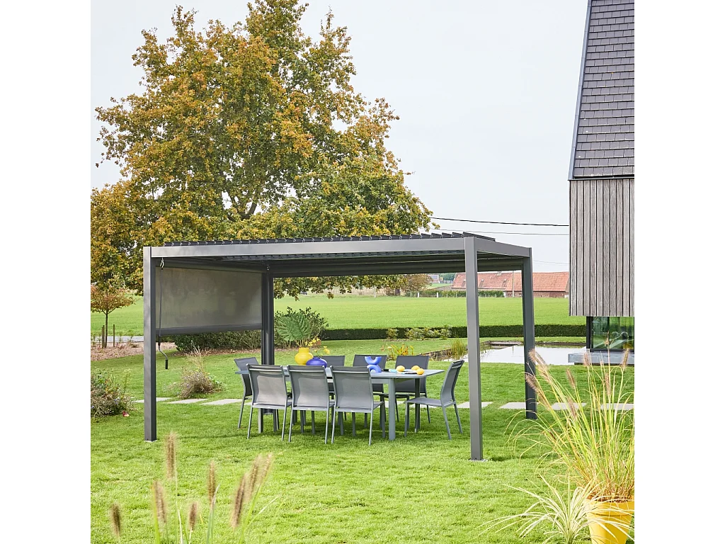 Pérgola bioclimática de aluminio y acero 3x4m + toldo de 3m antracita