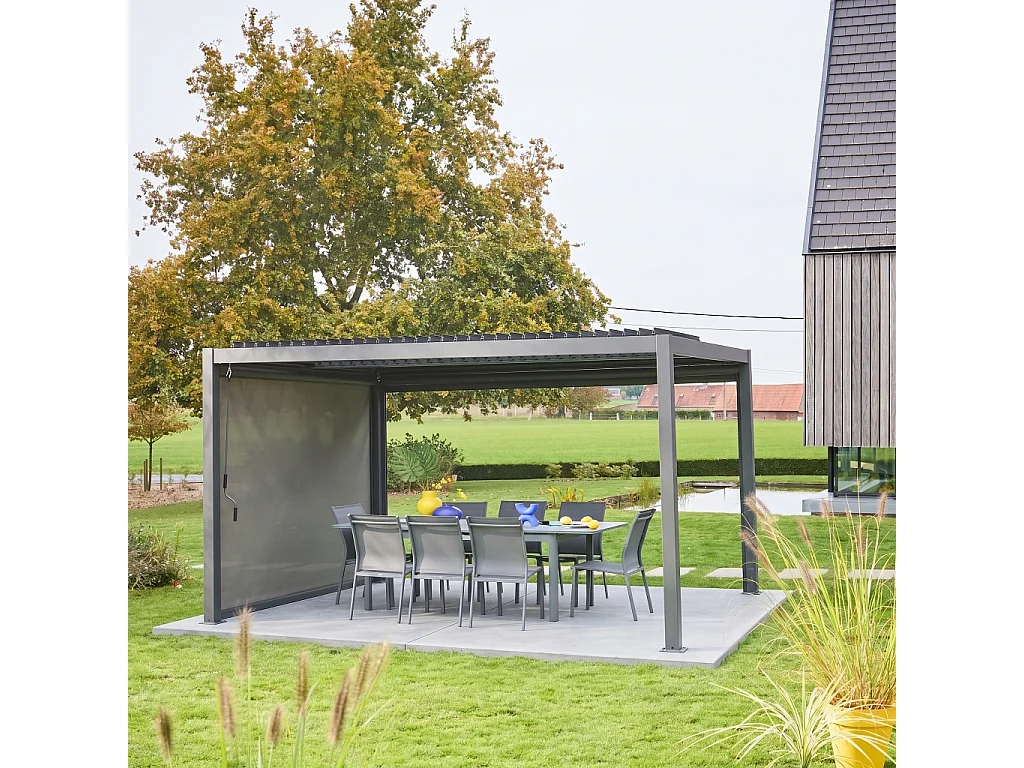 Pérgola bioclimática de aluminio y acero 3x4m + toldo de 3m antracita