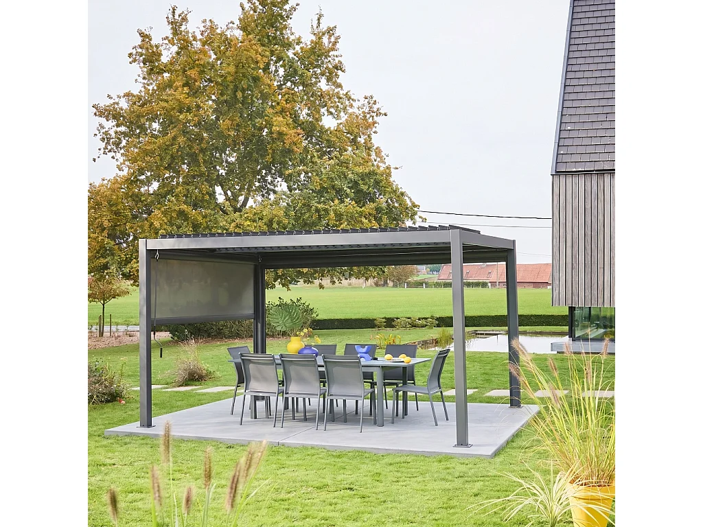 Pérgola bioclimática de aluminio y acero 3x4m + toldo de 3m antracita