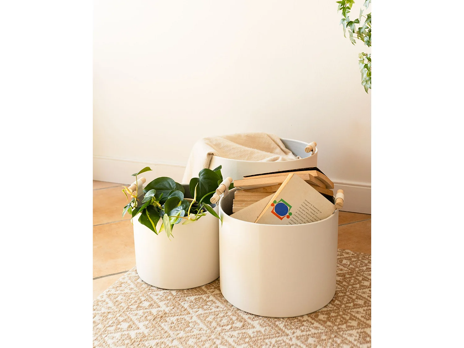 Lot de 3 paniers ARAM Cuir PU Blanc cassé