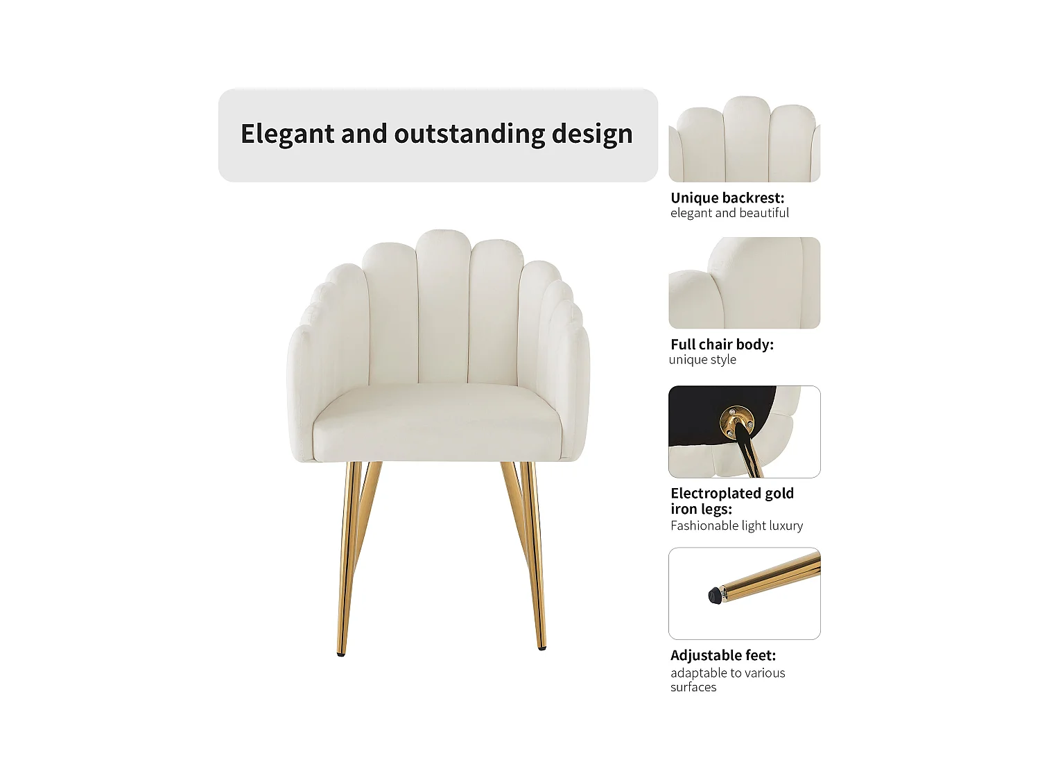 Set van 6 fluwelen stoelen - Waaiervormige rugleuning - Goudkleurig ijzeren frame - Wit & Goud