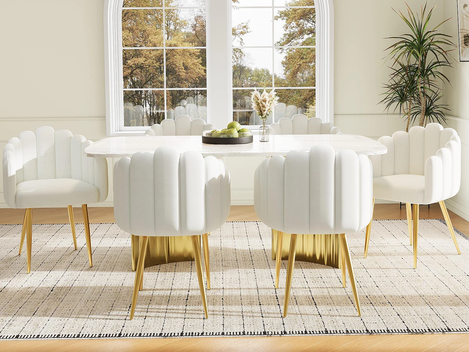 Lot de 6 chaises en velours - dossier en forme d'éventail - cadre en fer plaqué or - Blanc & Doré