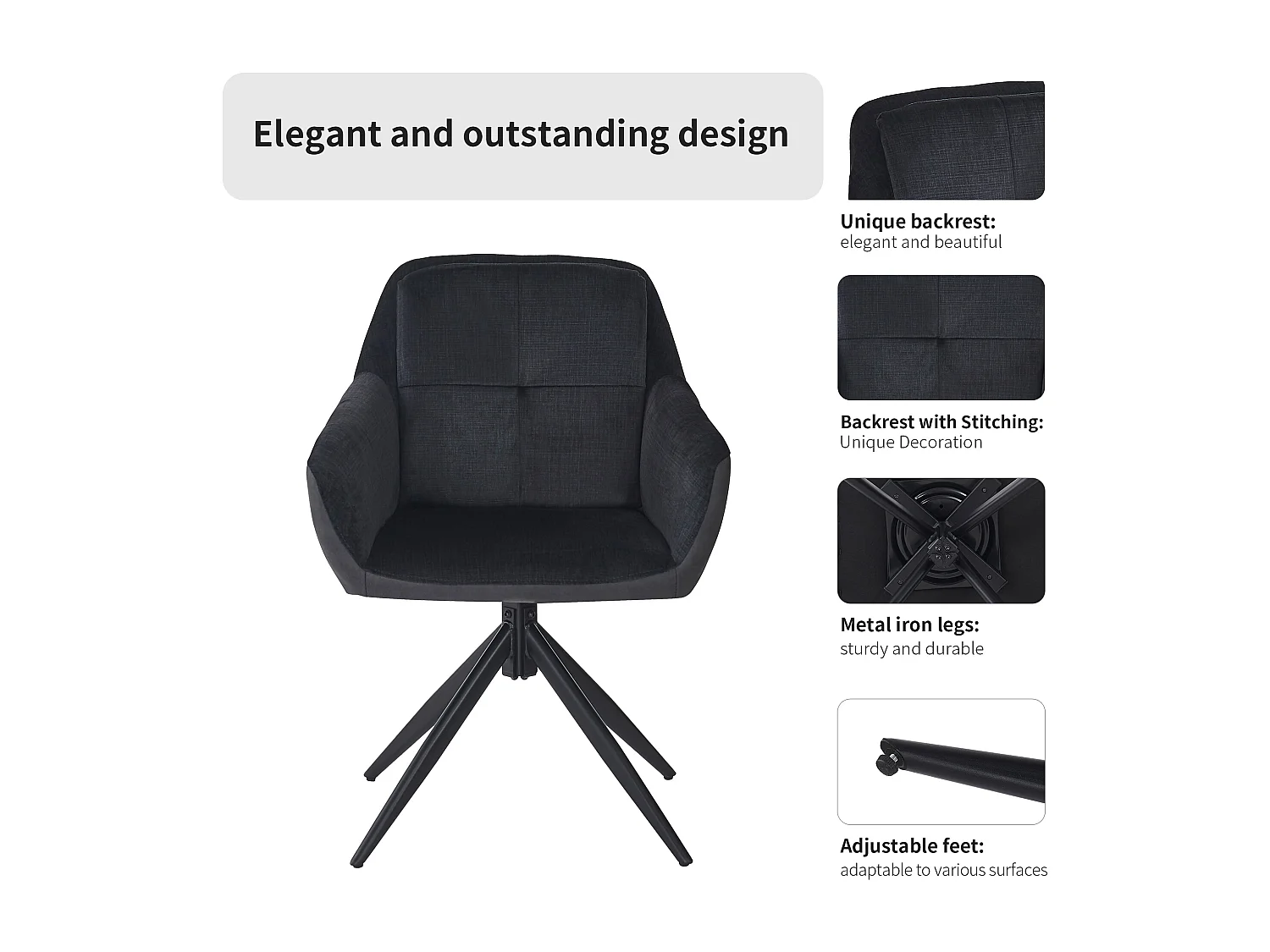 Conjunto de 2 cadeiras giratórias em veludo - pernas de metal ajustáveis ​​- preto