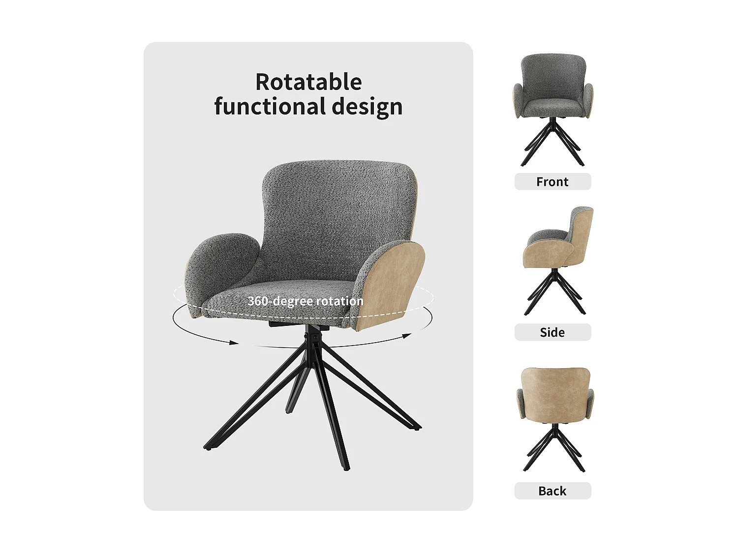 Lot de 6 chaises pivotantes en sherpa - pieds réglables en métal - Gris