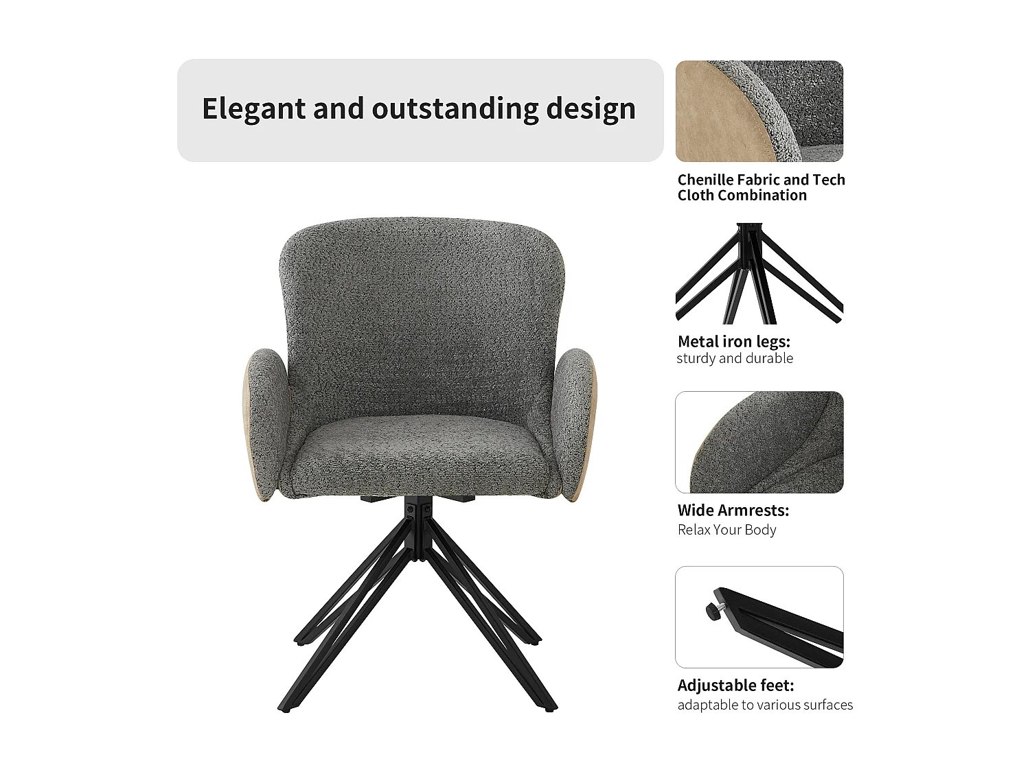 Lot de 6 chaises pivotantes en sherpa - pieds réglables en métal - Gris