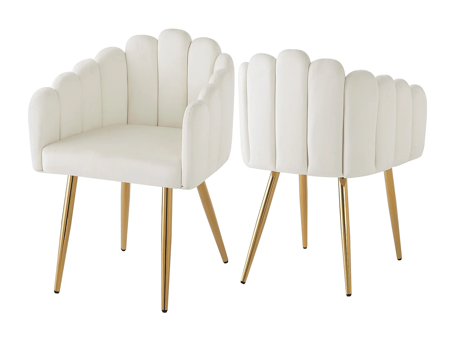 Lot de 2 chaises en velours - dossier en forme d'éventail - cadre en fer plaqué or - Blanc & Doré