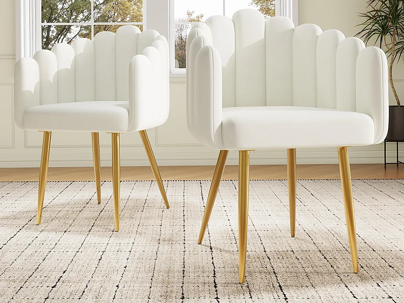 Lot de 2 chaises en velours - dossier en forme d'éventail - cadre en fer plaqué or - Blanc & Doré