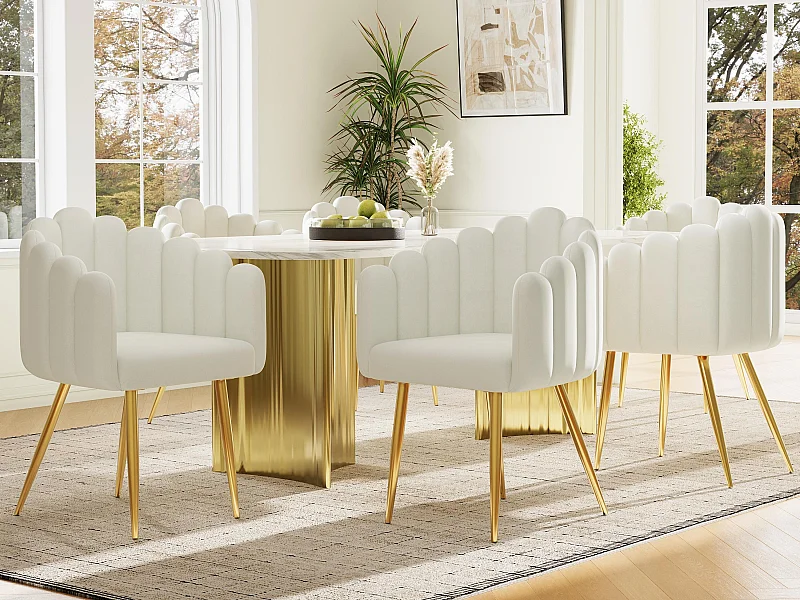 Set van 4 fluwelen stoelen - Waaiervormige rugleuning - Verguld ijzeren frame - Wit & Goud