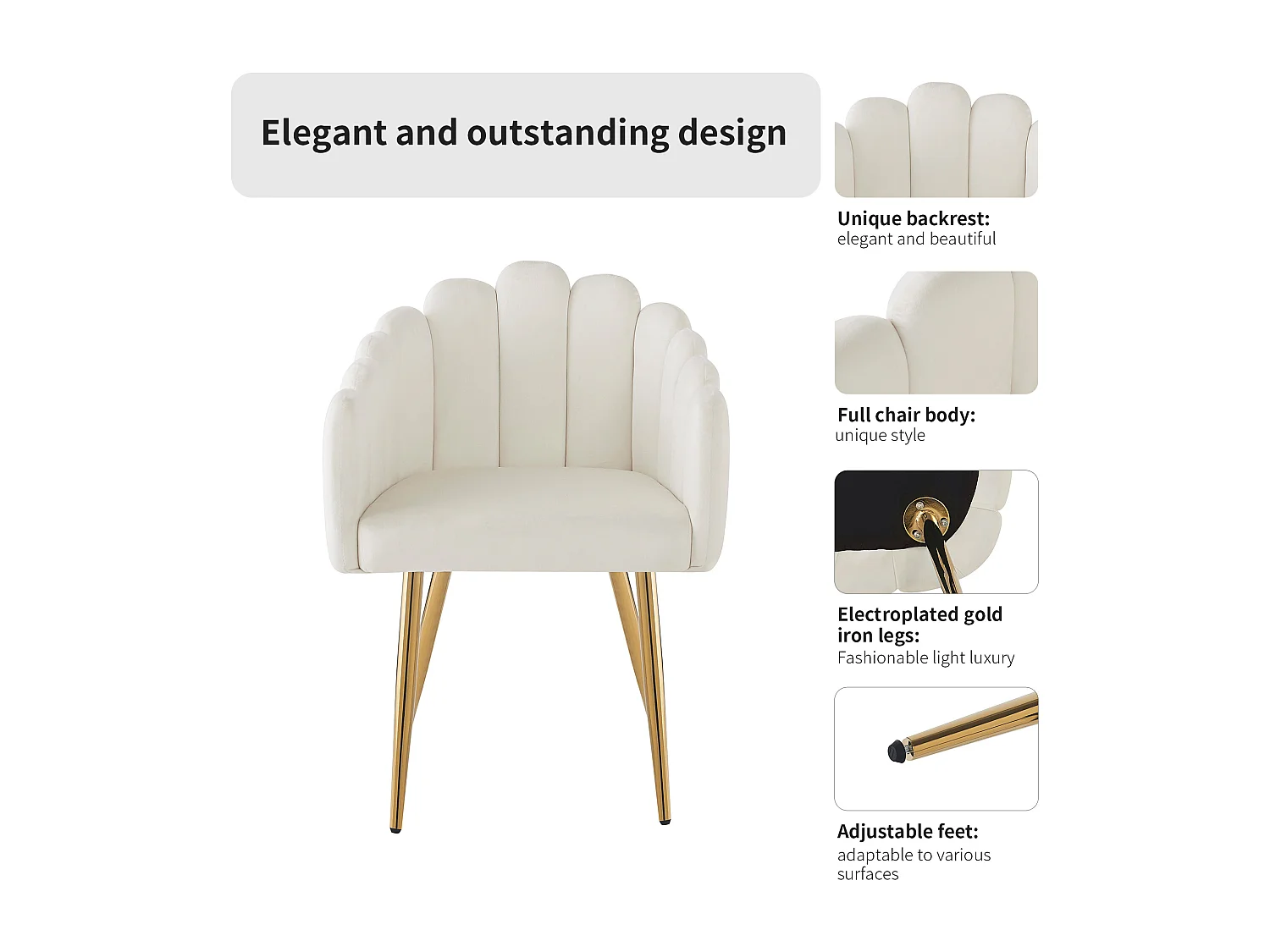 Set van 4 fluwelen stoelen - Waaiervormige rugleuning - Verguld ijzeren frame - Wit & Goud