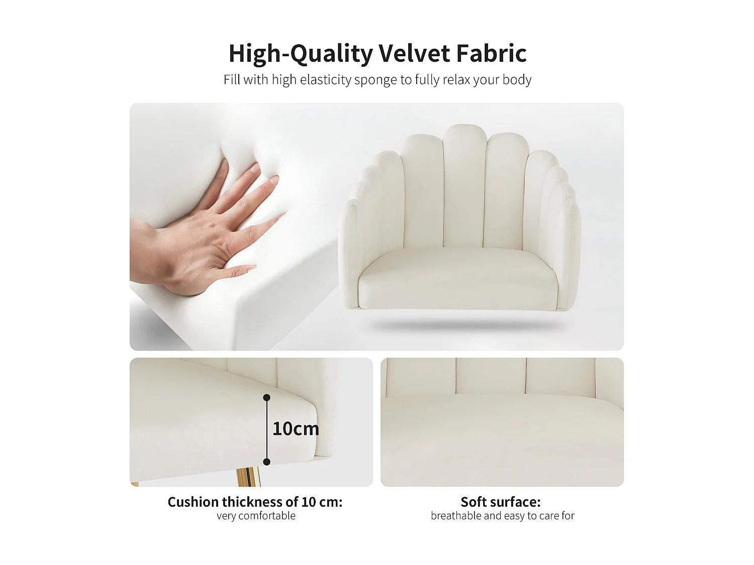 Lot de 4 chaises en velours - dossier en forme d'éventail - cadre en fer plaqué or - Blanc & Doré