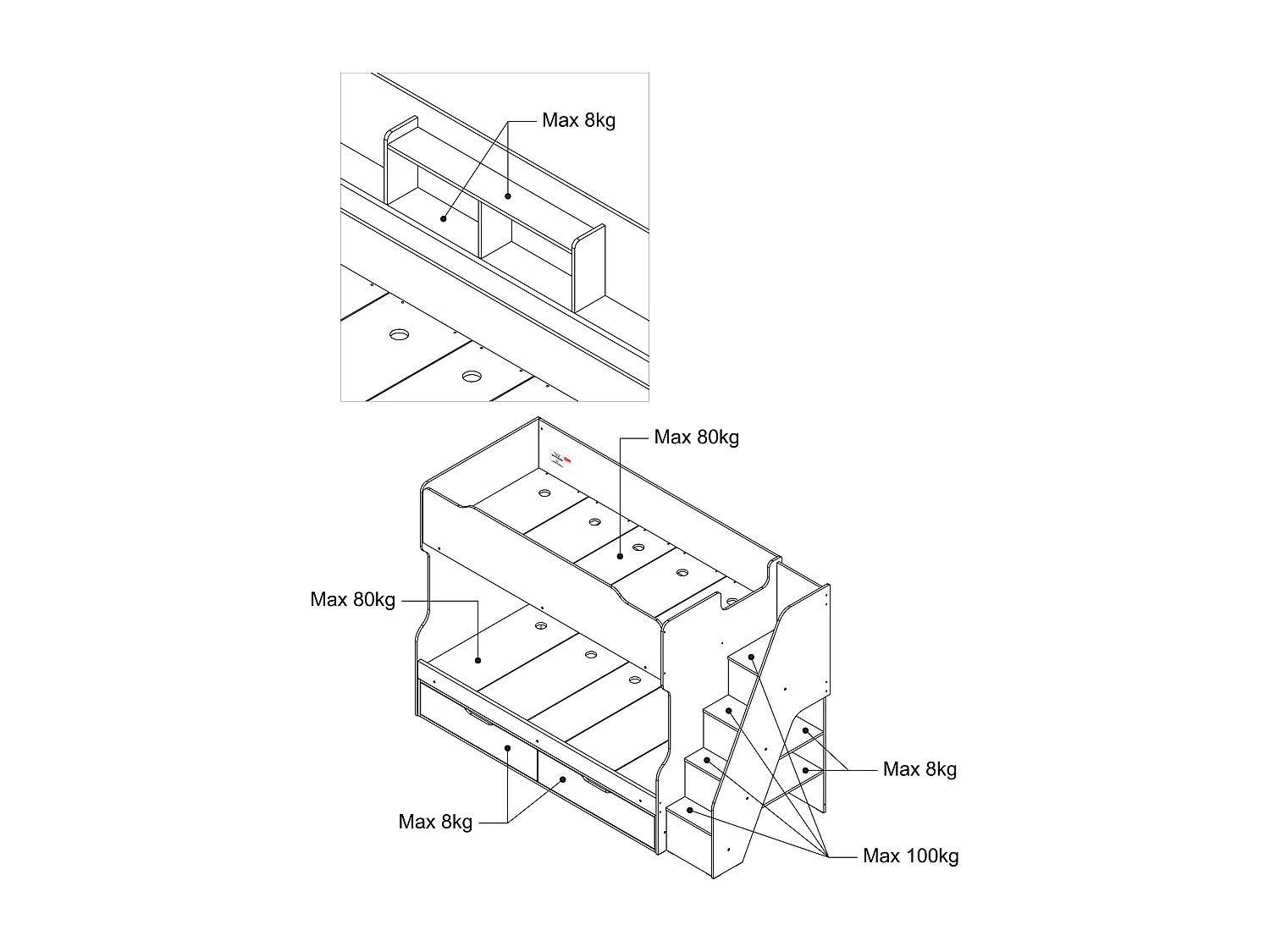 Etageseng 90 x 190 cm - Med opbevaringsplads - Hvid og naturlig + Madras - YALOVA