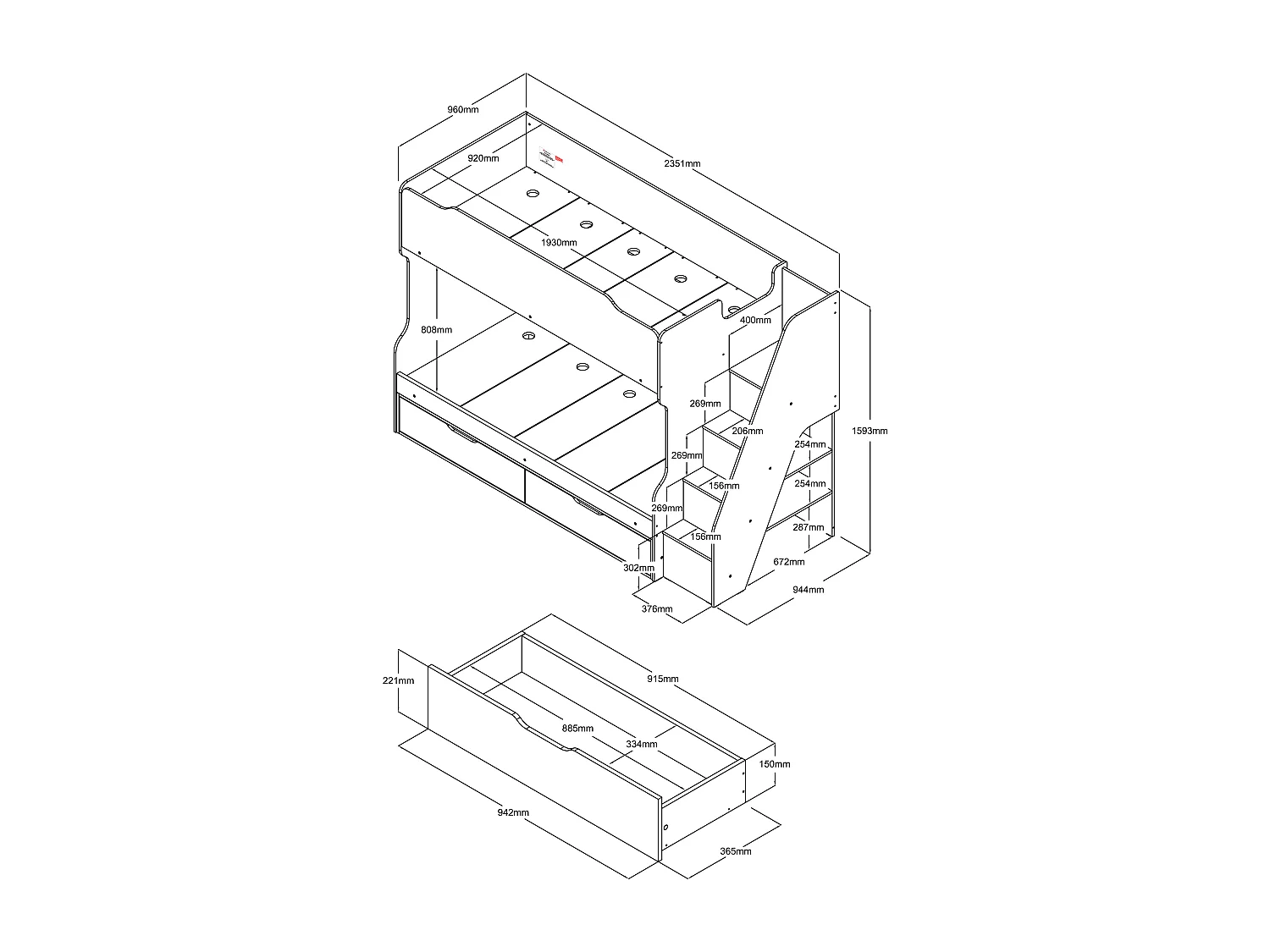 Etageseng 90 x 190 cm - Med opbevaringsplads - Hvid og naturlig + Madras - YALOVA