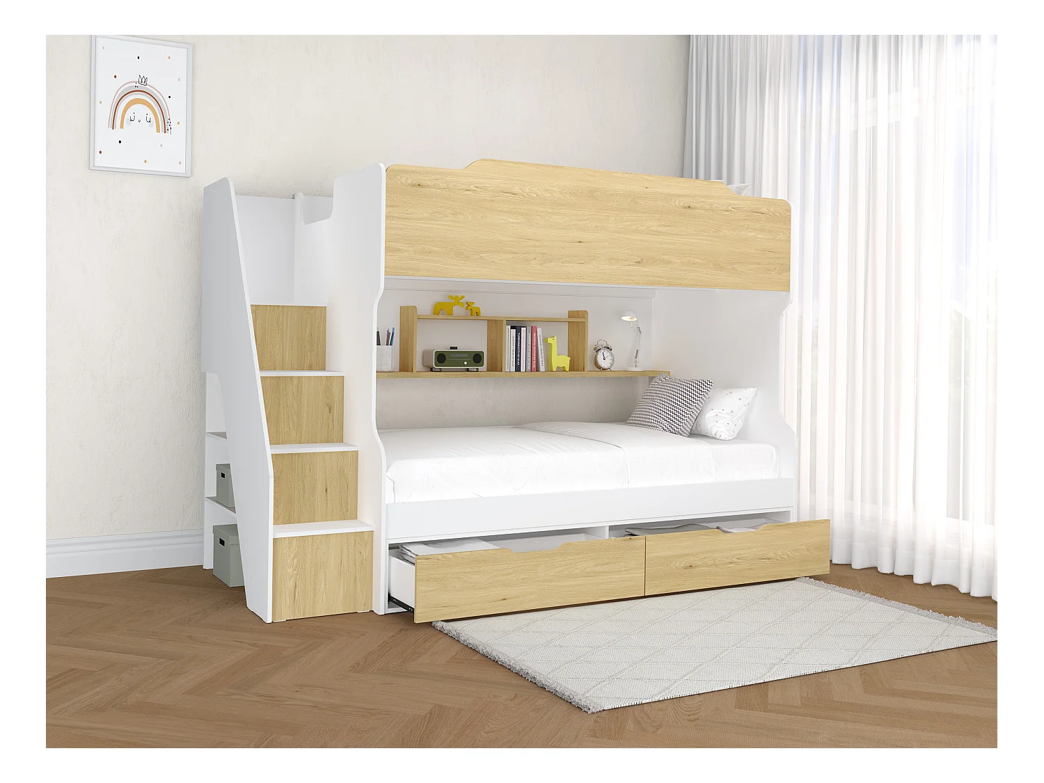 Etagenbett mit Stauraum + Matratze - 90 x 190 cm - Weiß & Holzfarben - YALOVA