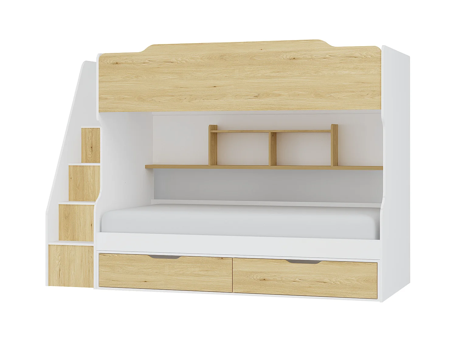 Etagenbett mit Stauraum + Matratze - 90 x 190 cm - Weiß & Holzfarben - YALOVA