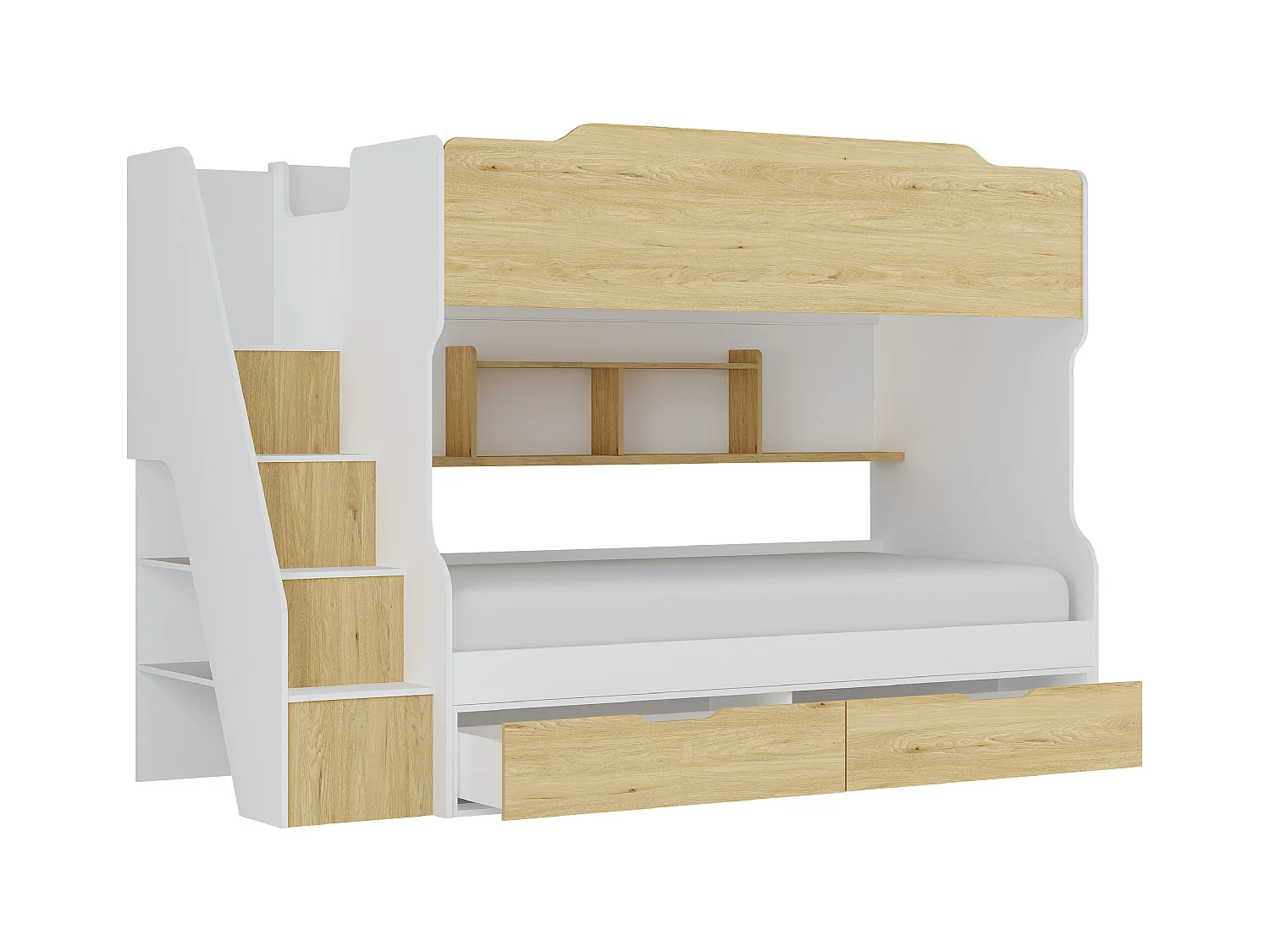 Etagenbett mit Stauraum + Matratze - 90 x 190 cm - Weiß & Holzfarben - YALOVA
