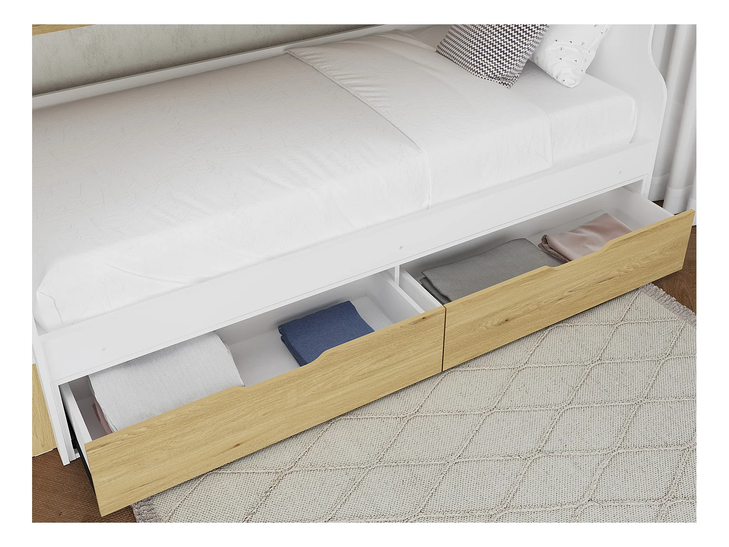 Etagenbett mit Stauraum + Matratze - 90 x 190 cm - Weiß & Holzfarben - YALOVA
