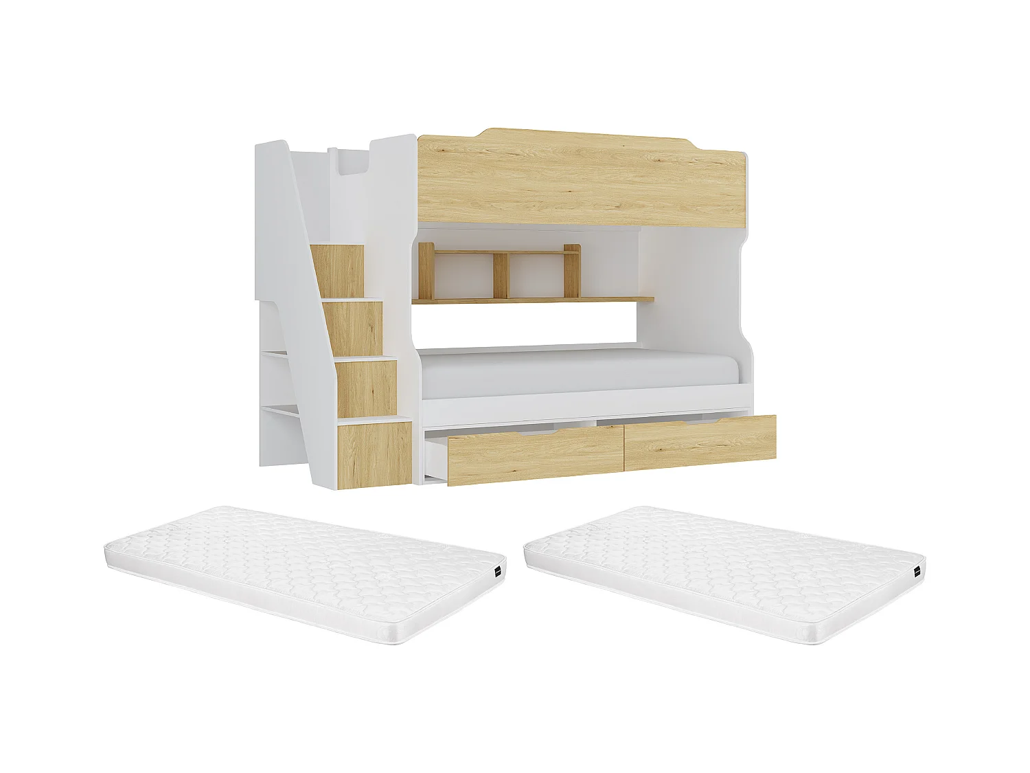 Etagenbett mit Stauraum + Matratze - 90 x 190 cm - Weiß & Holzfarben - YALOVA