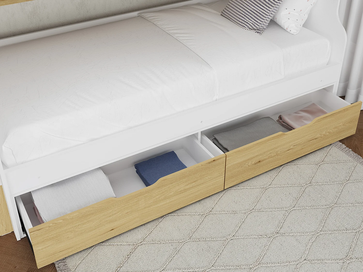 Lit superposé 90 x 190 cm - Avec rangements - Blanc et naturel + Matelas - YALOVA