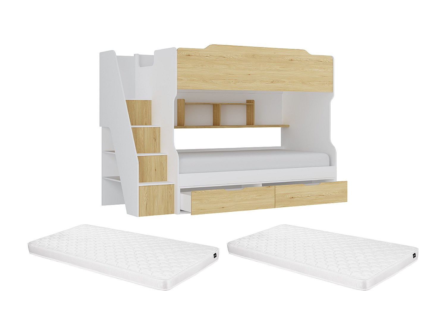 Etagenbett mit Stauraum + Matratze - 90 x 190 cm - Weiß & Holzfarben - YALO günstig online kaufen