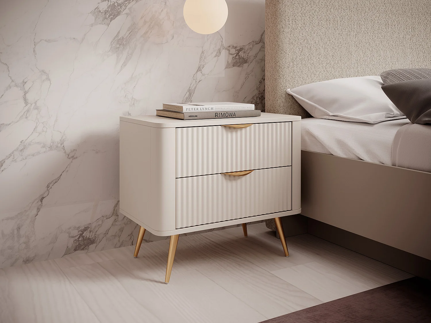 Lot de 2 tables de chevet - 2 tiroirs - Beige et doré - ELONARIA de Pascal Morabito