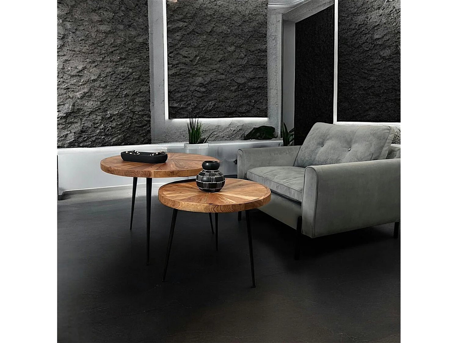 Table de salon gigogne acacia motif rosace (lot de 2)