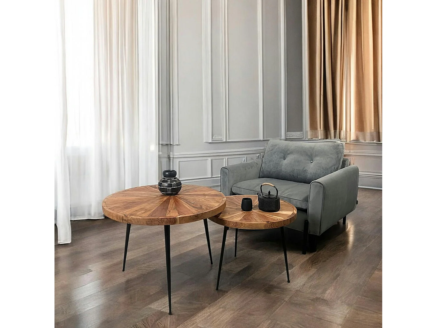 Table de salon gigogne acacia motif rosace (lot de 2)