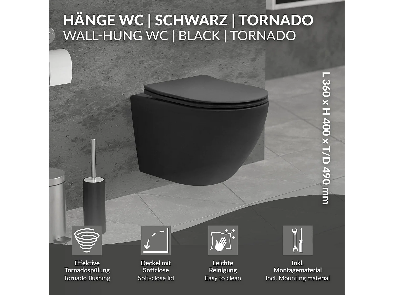 Inodoro suspendido sin reborde, corto, negro mate, 49 cm, descarga Tornado, cerámica