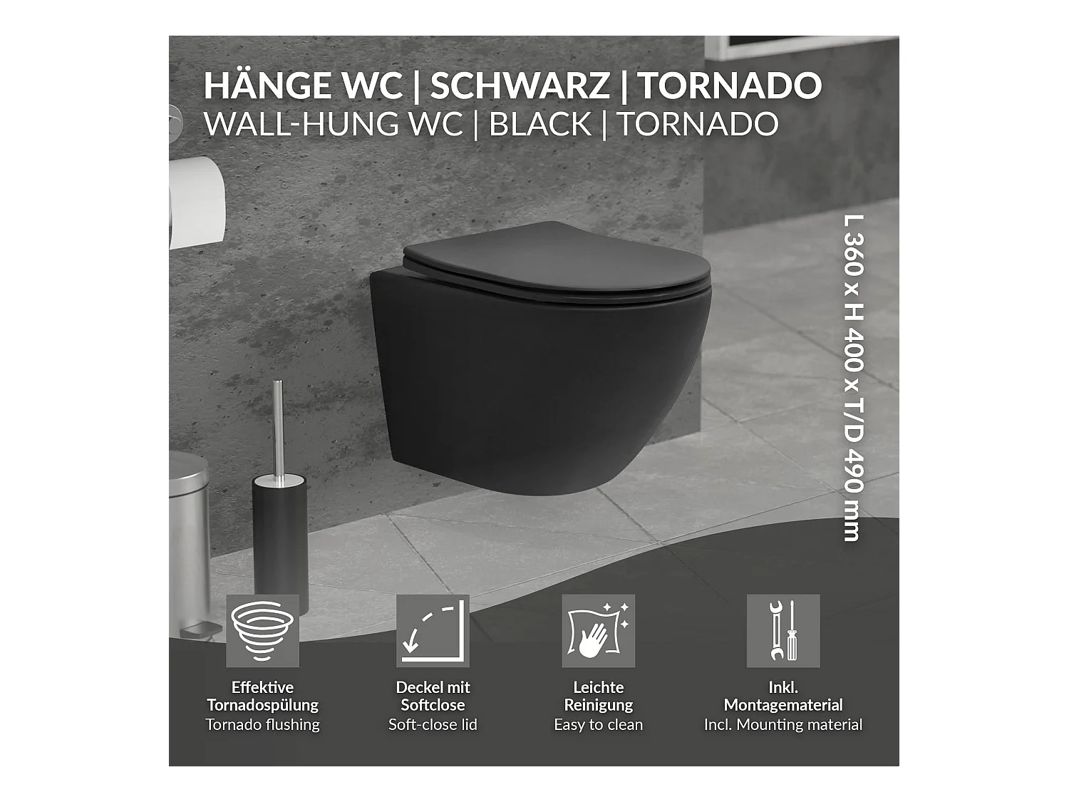 WC Suspendu sans Rebord, Court, Noir Mat, 49cm, Chasse d'Eau Tornade, en Céramique