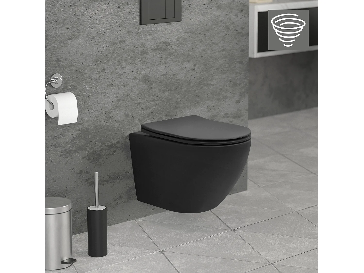WC Suspendu sans Rebord, Court, Noir Mat, 49cm, Chasse d'Eau Tornade, en Céramique