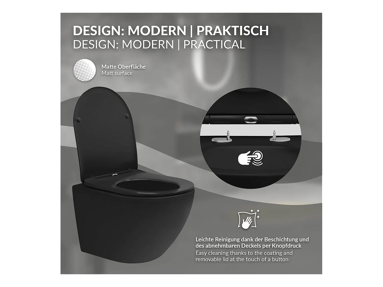 WC Suspendu sans Rebord, Court, Noir Mat, 49cm, Chasse d'Eau Tornade, en Céramique