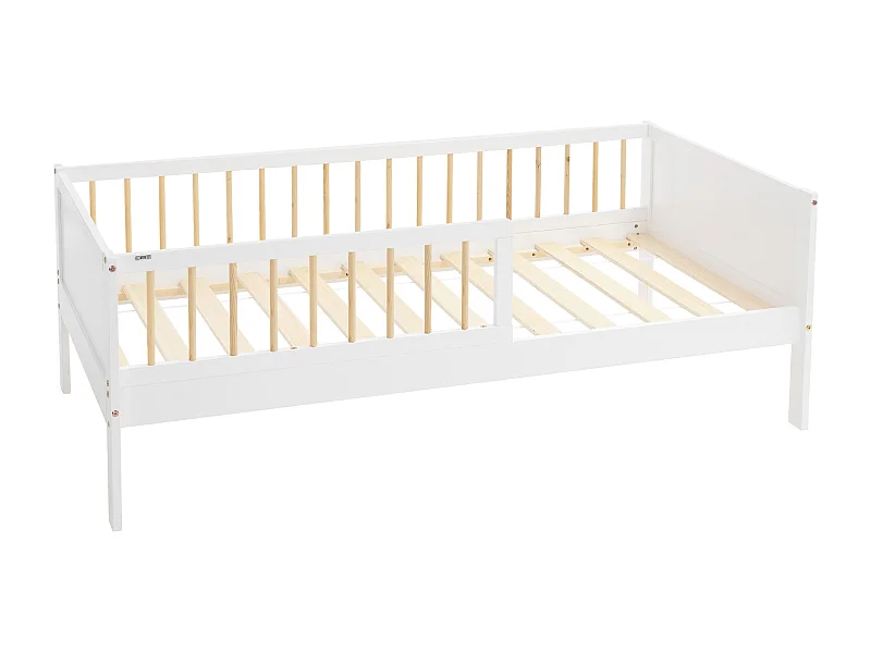 ML-Design Cama infantil 80x160cm color blanca-beige con protección anticaída y somier mobiliario con estructura de listones madera pino maciza