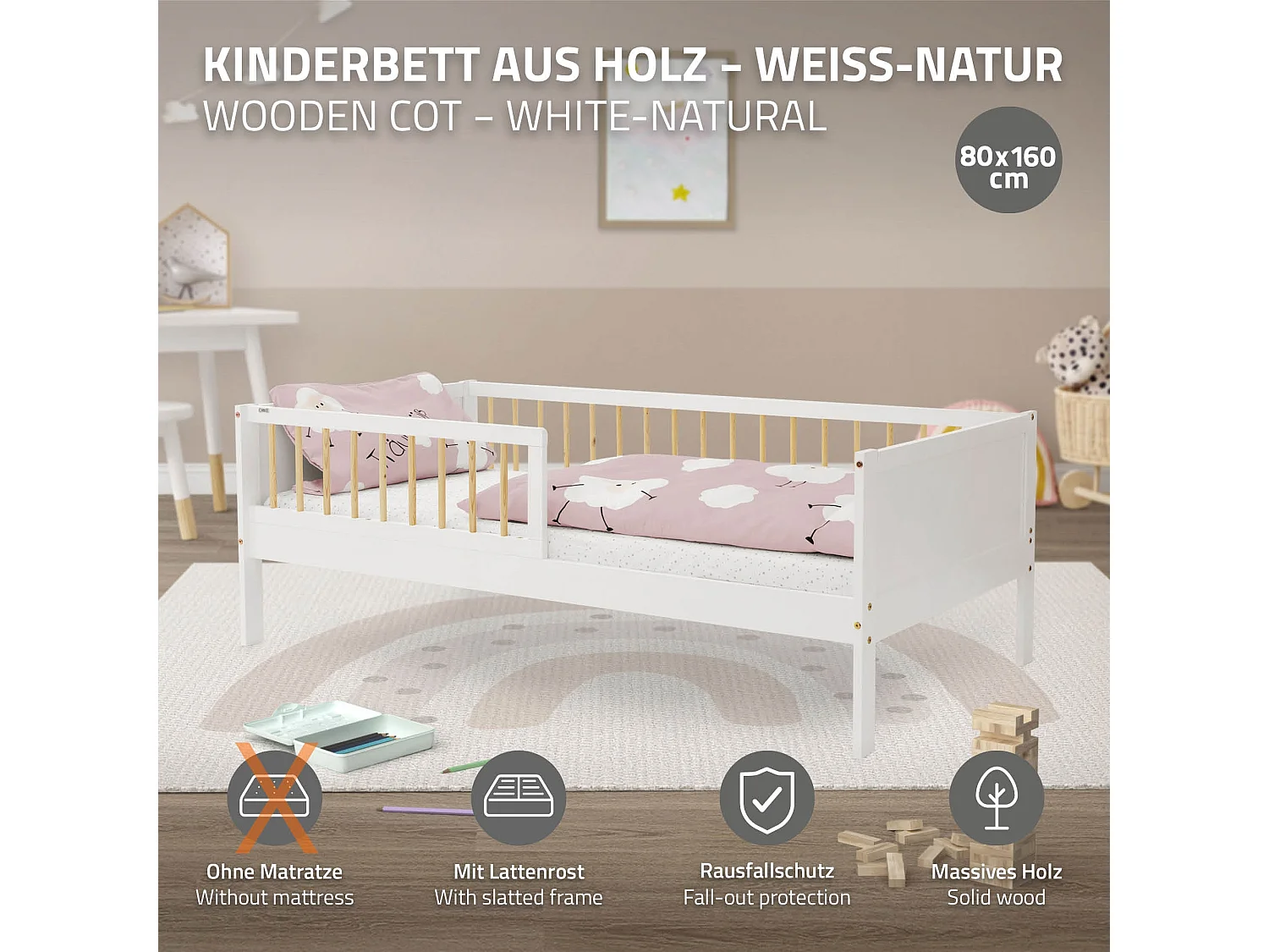 ML-Design Cama infantil 80x160cm color blanca-beige con protección anticaída y somier mobiliario con estructura de listones madera pino maciza