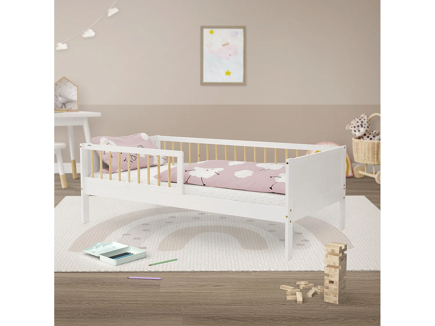 ML-Design Cama infantil 80x160cm color blanca-beige con protección anticaída y somier mobiliario con estructura de listones madera pino maciza