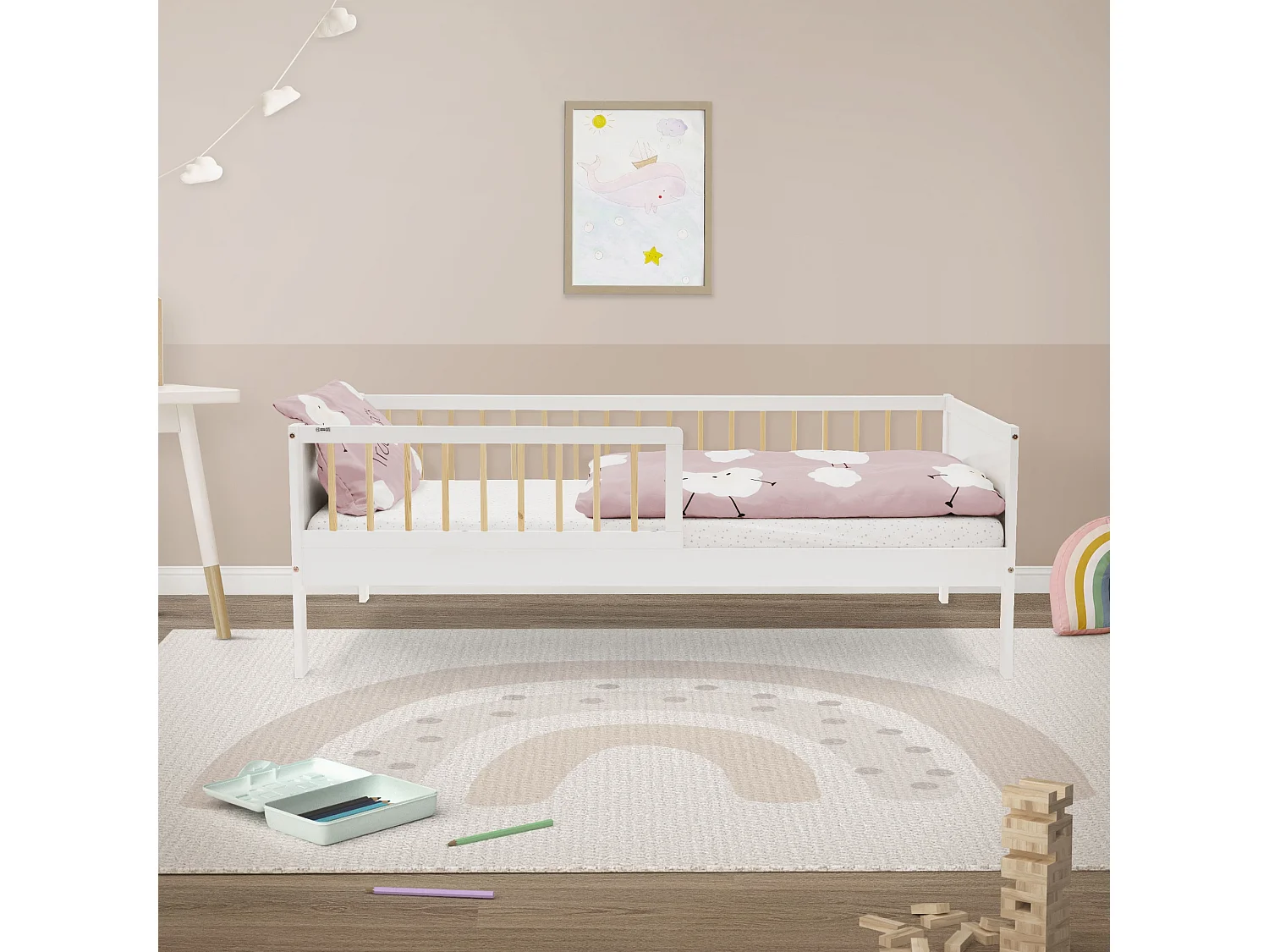 ML-Design Cama infantil 80x160cm color blanca-beige con protección anticaída y somier mobiliario con estructura de listones madera pino maciza