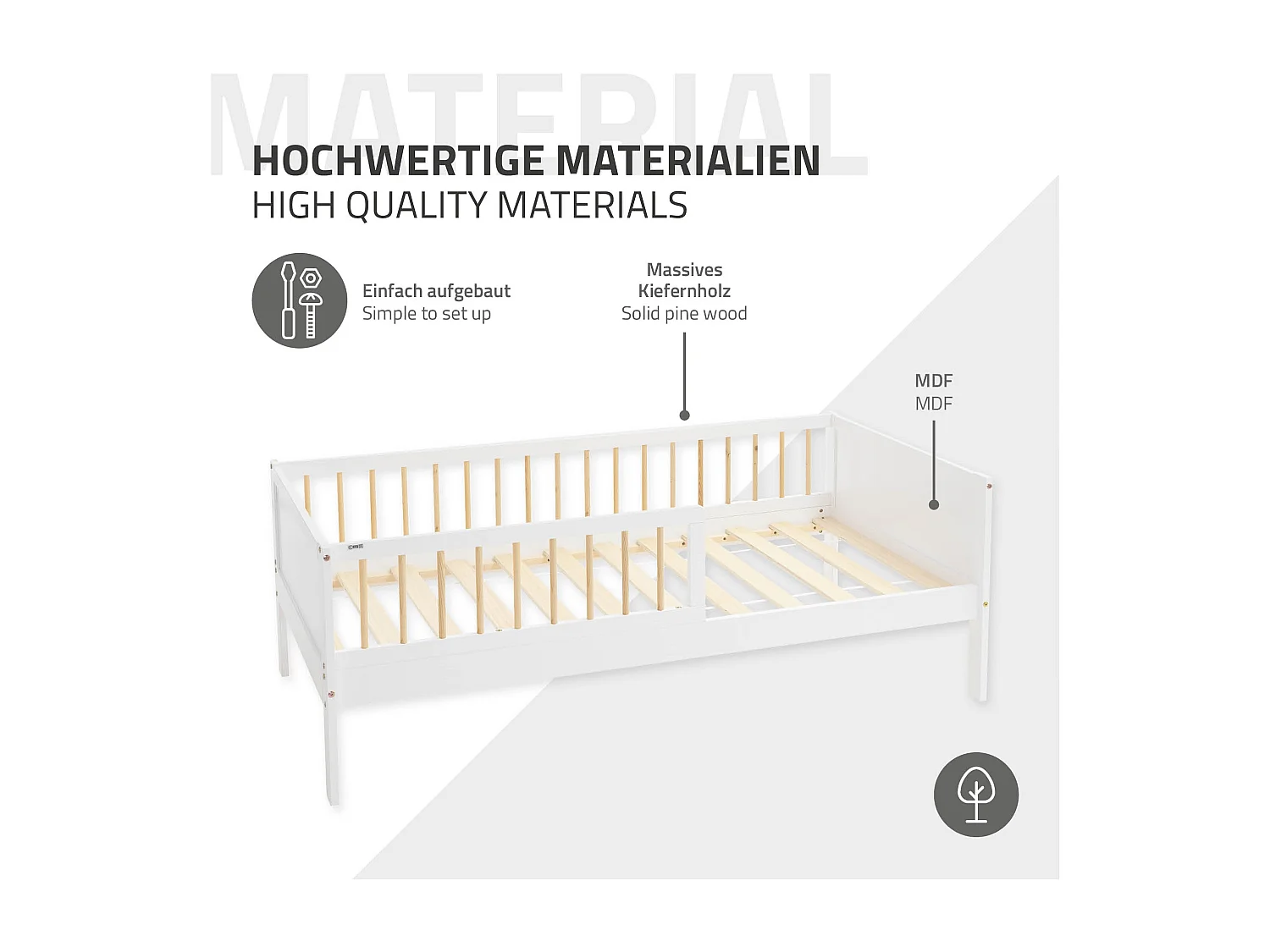 ML-Design Letto per bambini 80x160 cm bianco-naturale in legno di pino con rete a doghe e protezione anticaduta, lettino singolo per cameretta
