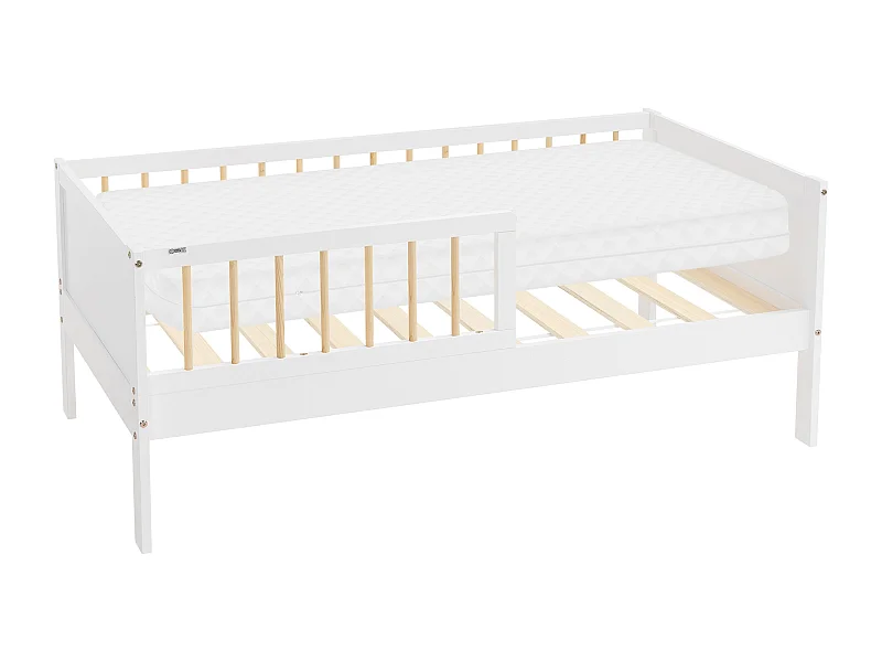 Lit d'enfant 70x140cm blanc-naturel simple cadre de lit avec matelas en bois de pin avec sommier à lattes protection contre chutes matériel de montage