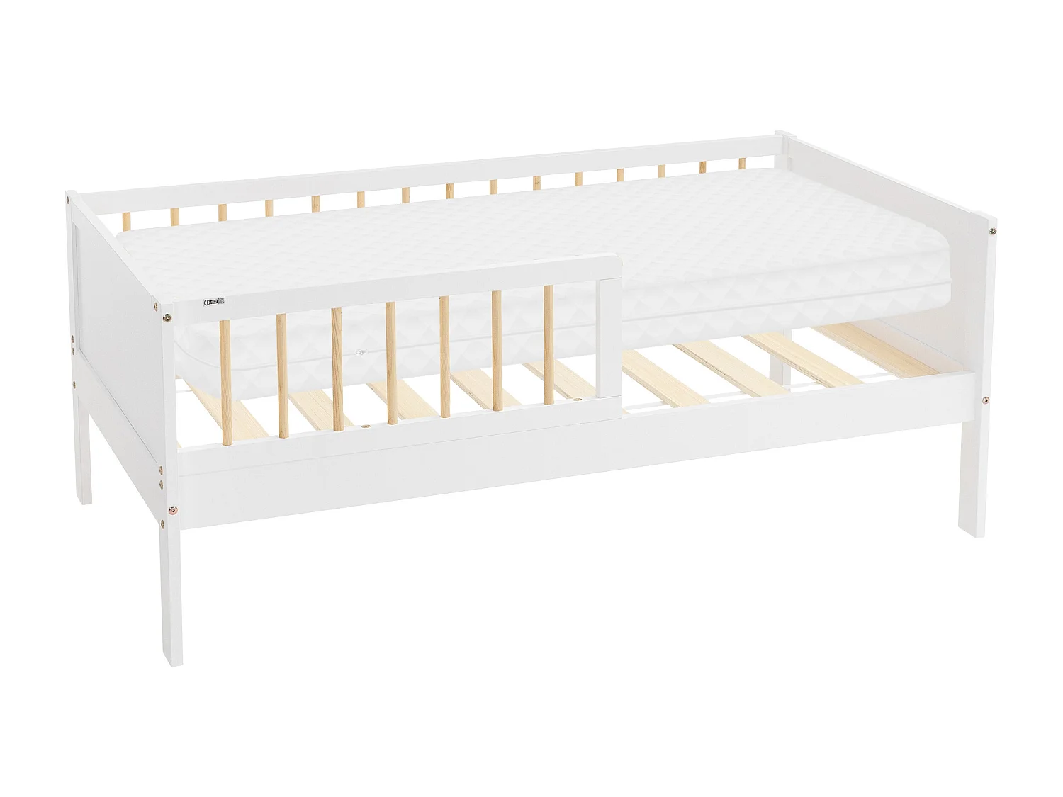 Lit d'enfant 70x140cm blanc-naturel simple cadre de lit avec matelas en bois de pin avec sommier à lattes protection contre chutes matériel de montage