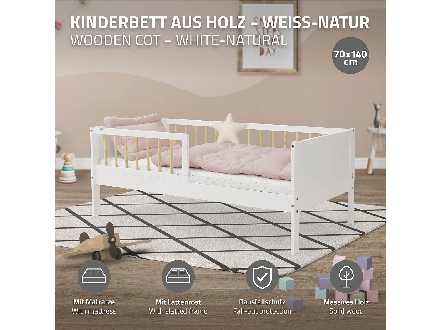 Lit d'enfant 70x140cm blanc-naturel simple cadre de lit avec matelas en bois de pin avec sommier à lattes protection contre chutes matériel de montage