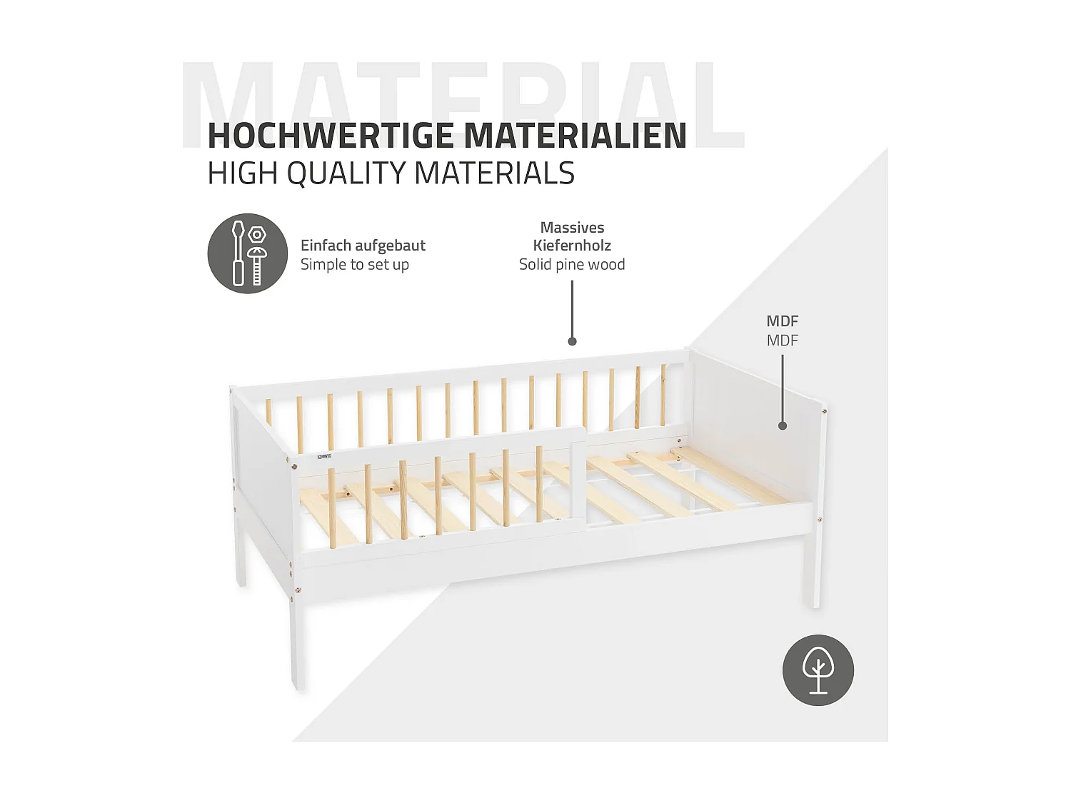 Lit d'enfant 70x140cm blanc-naturel simple cadre de lit avec matelas en bois de pin avec sommier à lattes protection contre chutes matériel de montage