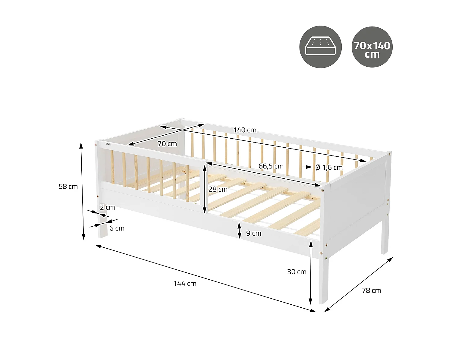 Lit d'enfant 70x140cm blanc-naturel simple cadre de lit avec matelas en bois de pin avec sommier à lattes protection contre chutes matériel de montage