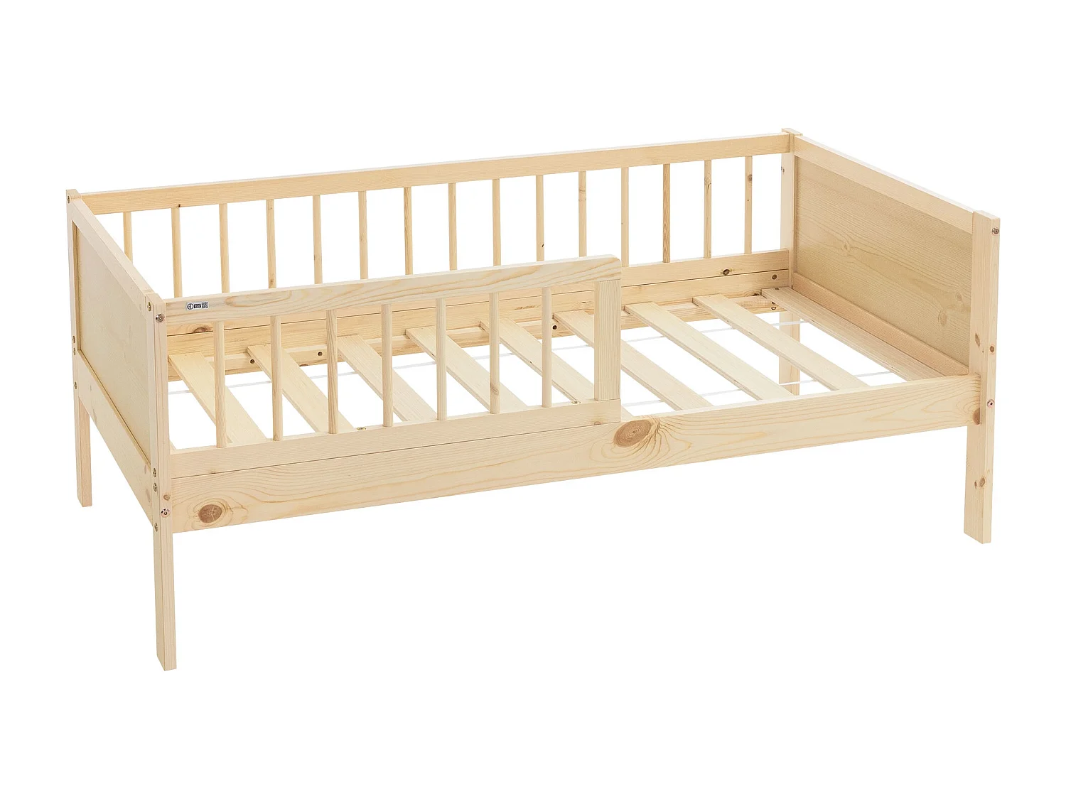 ML-Design Cama infantil 70x140cm color natural beige con protección anticaída y somier mobiliario con estructura de listones madera pino maciza