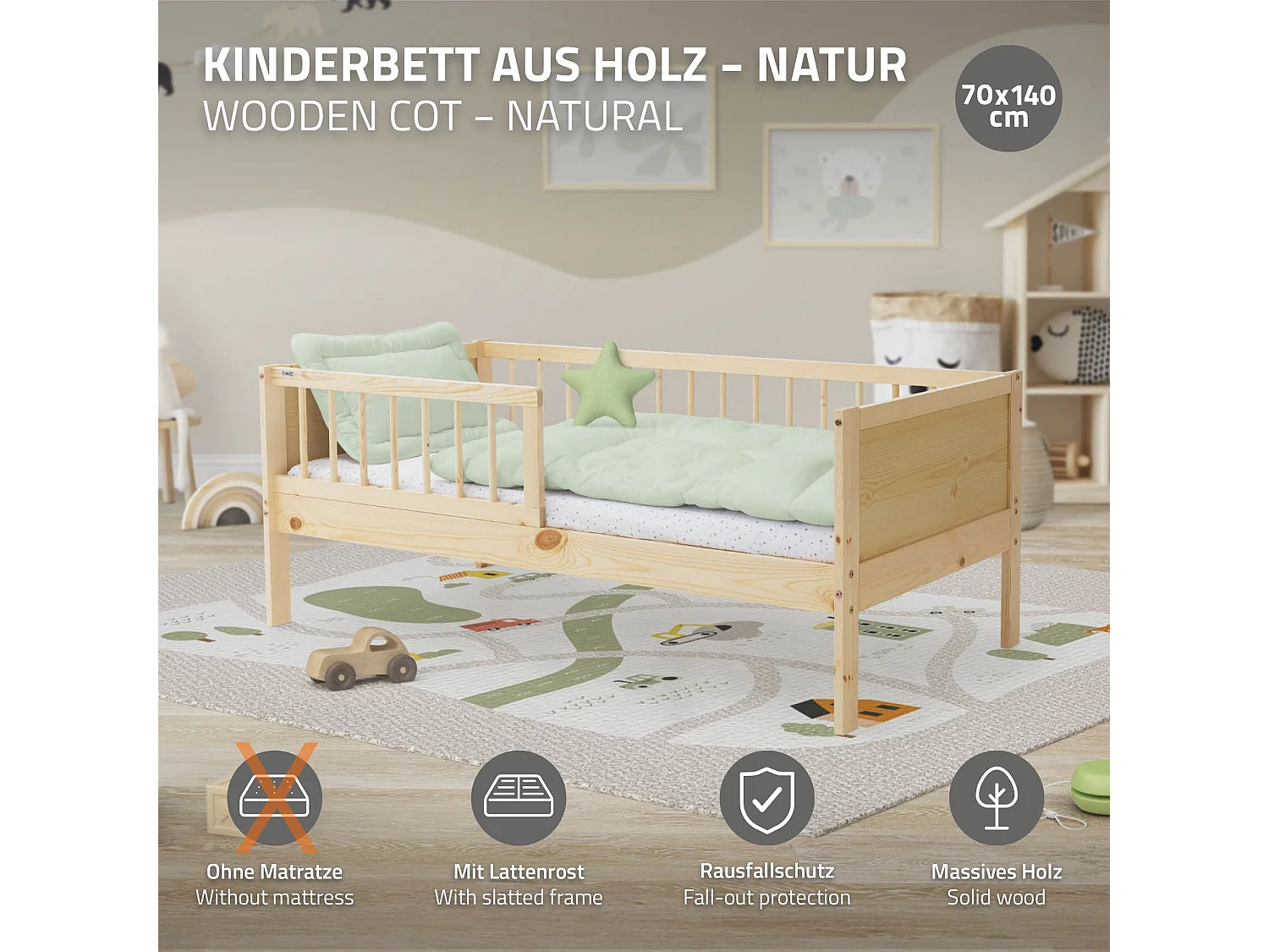 ML-Design Cama infantil 70x140cm color natural beige con protección anticaída y somier mobiliario con estructura de listones madera pino maciza