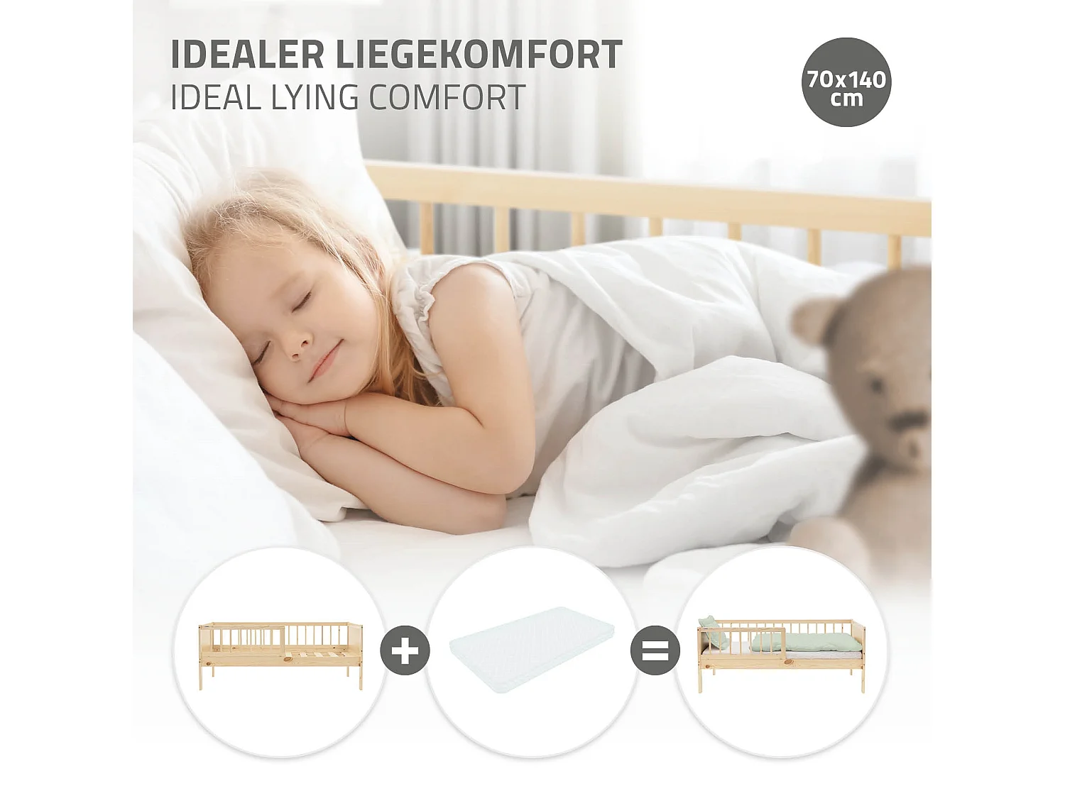 ML-Design Cama infantil 70x140cm color natural beige con protección anticaída y somier mobiliario con estructura de listones madera pino maciza
