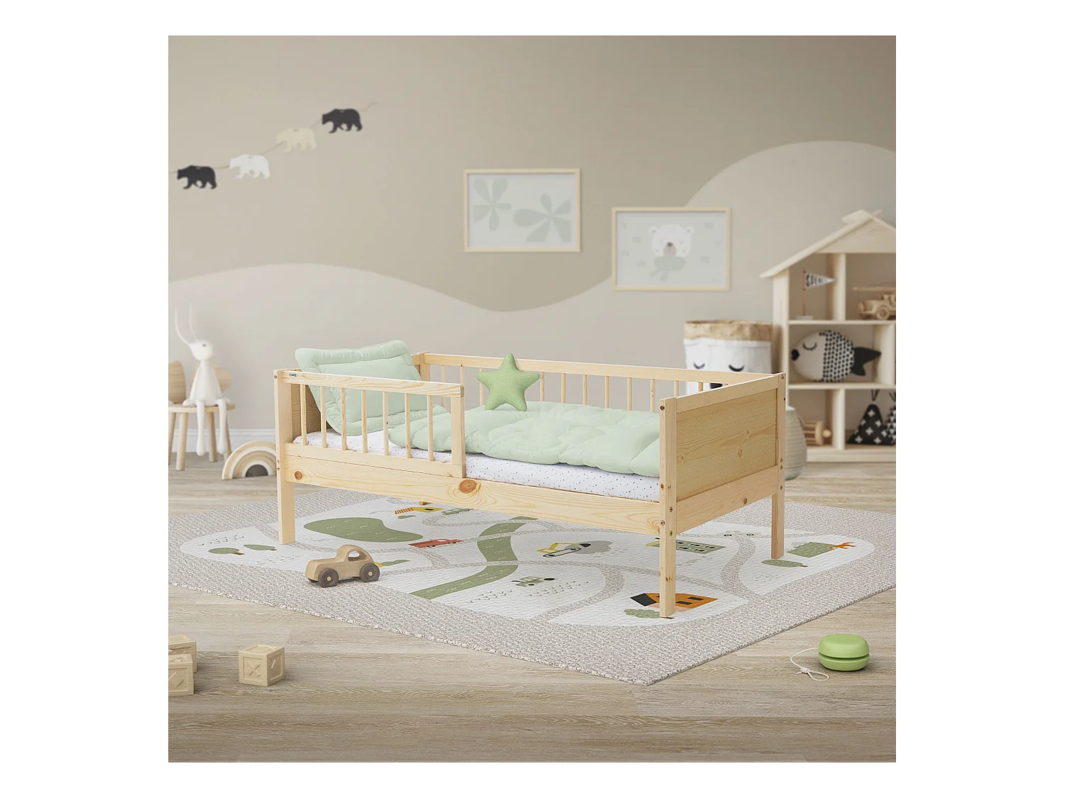 ML-Design Cama infantil 70x140cm color natural beige con protección anticaída y somier mobiliario con estructura de listones madera pino maciza