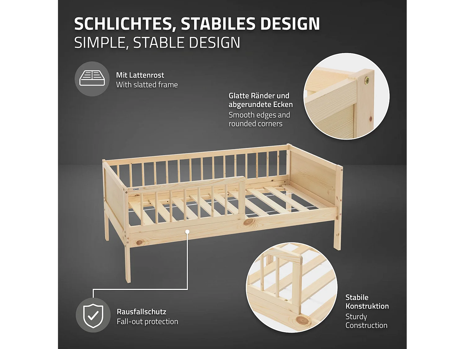 Lit d'enfant simple 70x140 cm naturel cadre de lit sans matelas bois de pin avec sommier à lattes protection contre les chutes et matériel de montage