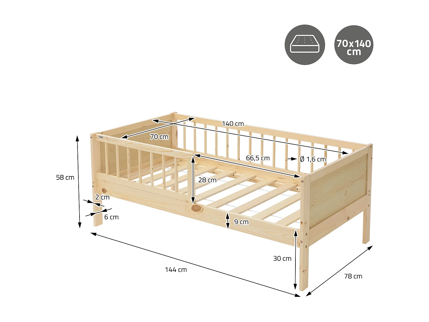 Lit d'enfant simple 70x140 cm naturel cadre de lit sans matelas bois de pin avec sommier à lattes protection contre les chutes et matériel de montage